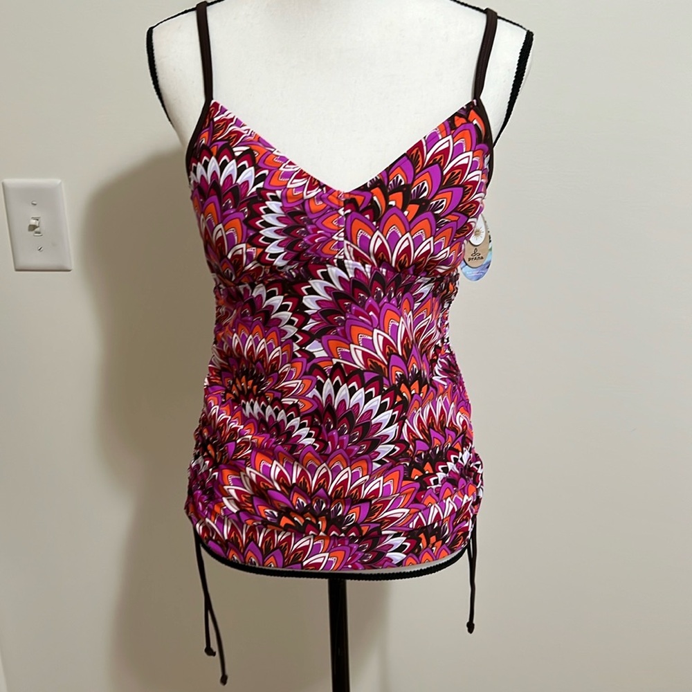 PrAna Womens Moorea Tankini Swimsuit Top Neon Berry Flora Brown Size L B-C Cup